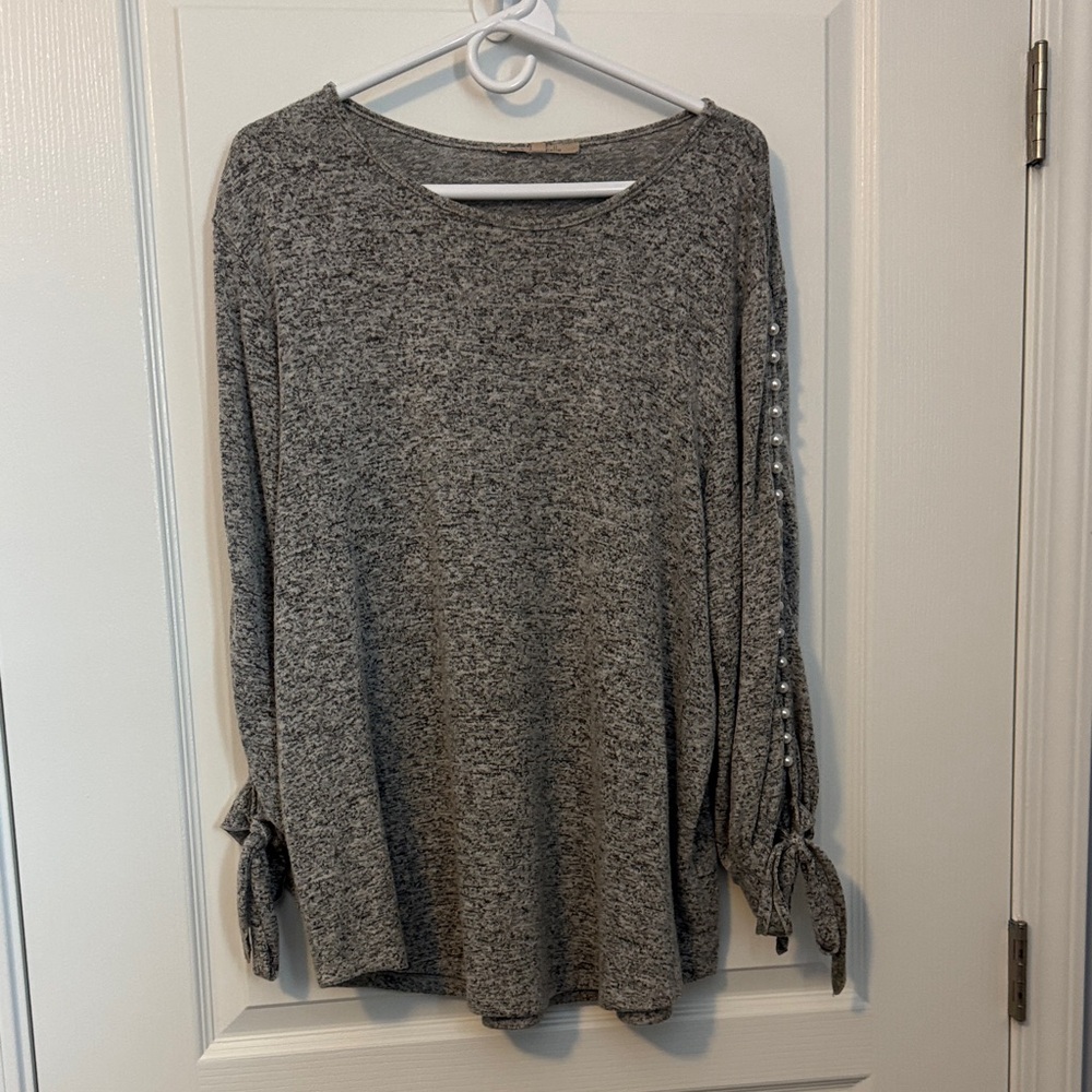 Chic Gray Long Sleeve Top with Pearl Accents
